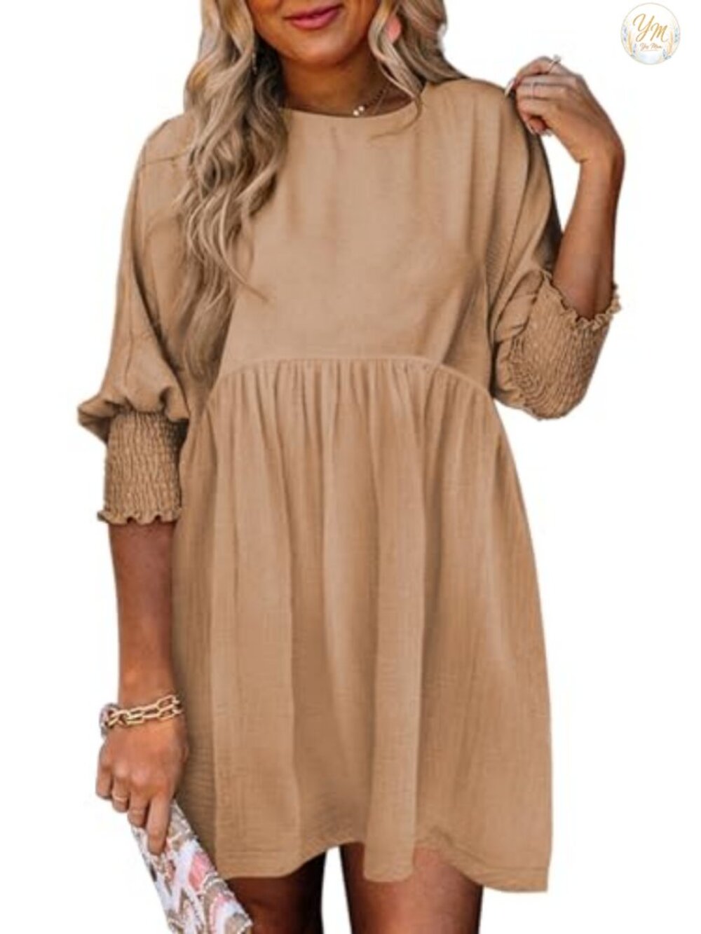 Dokotoo Womens Babydoll Mini Dress 3/4 Sleeve Empire Waist Casual